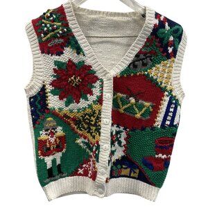 Vtg Christmas Sweater Vest Womens size S Nutcracker Poinsettia Granny Cottage